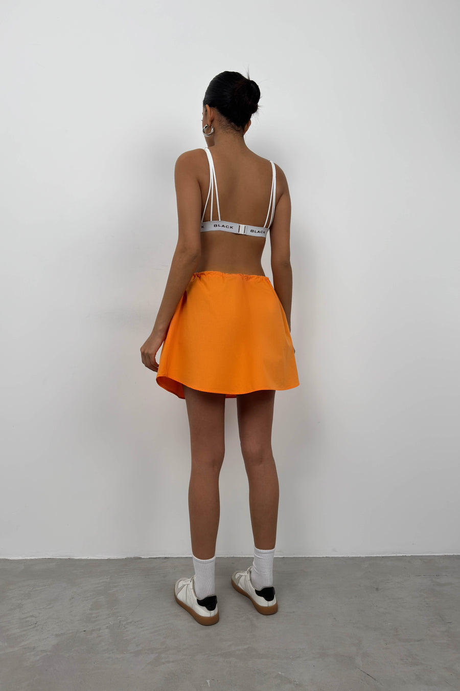 Orange Mini Skirt with Elastic Waist and Buttons 