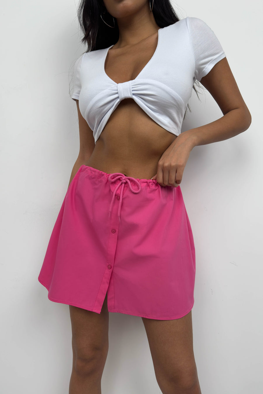 Fuchsia Mini Skirt with Elastic Waist and Buttons 