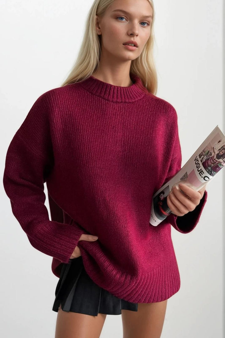 Bisiklet Yaka Basic Triko Bordo Kazak