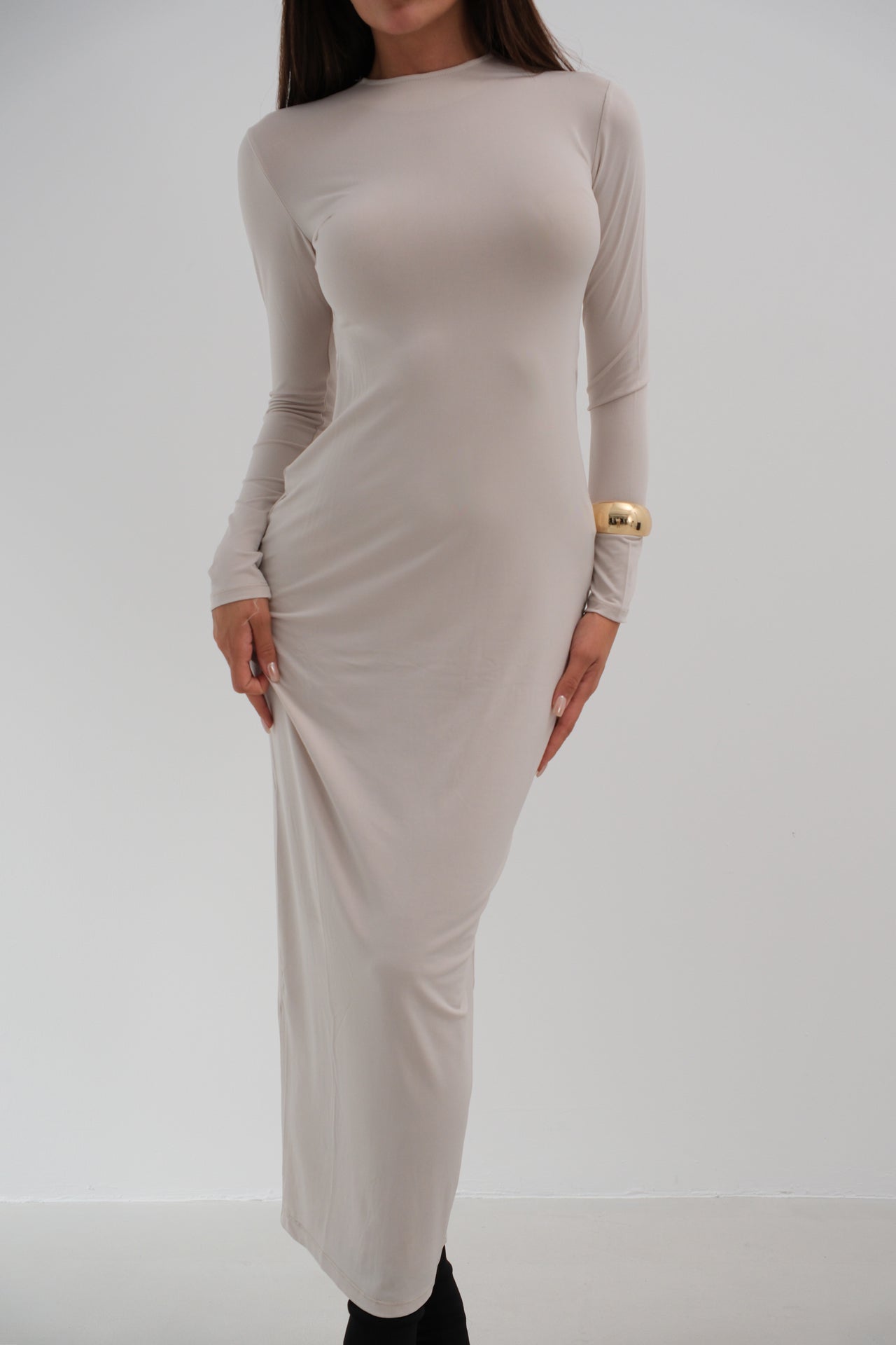 Crew Neck Beige Maxi Dress 