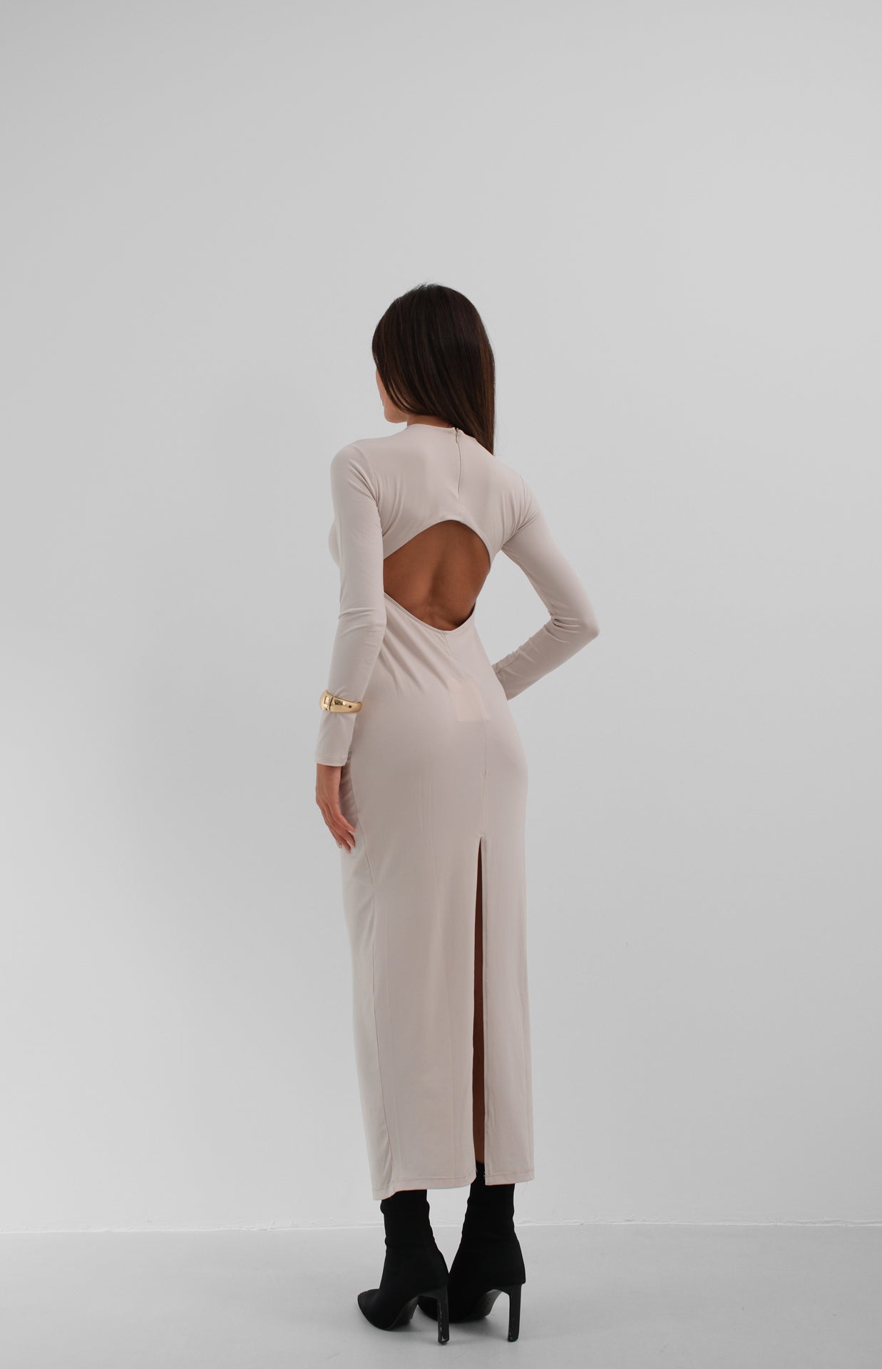 Crew Neck Beige Maxi Dress 