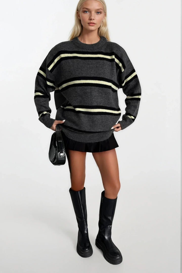 Bisiklet Yaka Çizgili Antrasit Triko Kazak