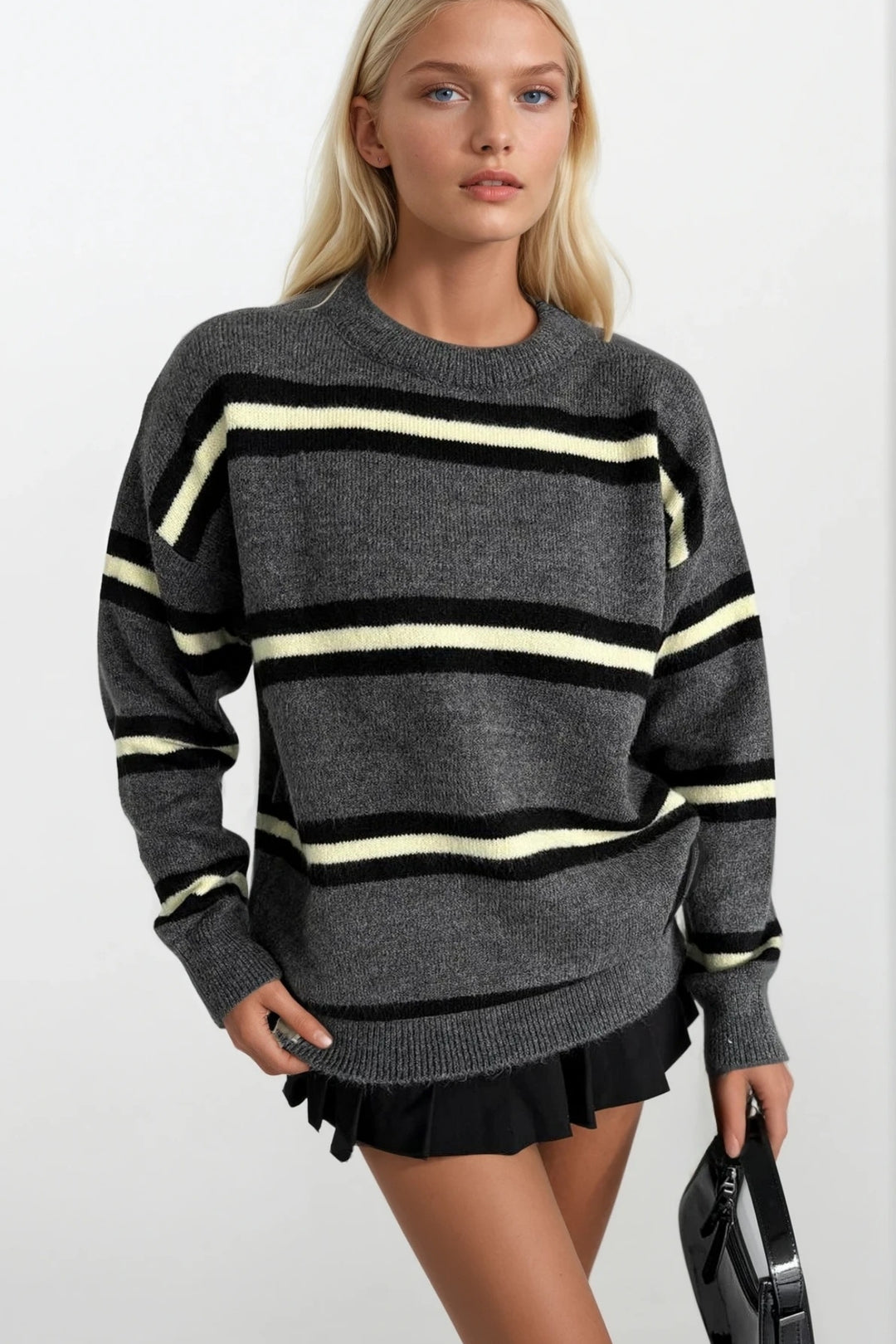 Bisiklet Yaka Çizgili Antrasit Triko Kazak