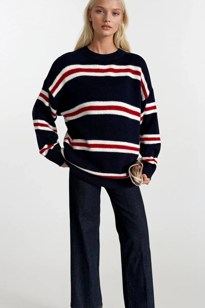 Bisiklet Yaka Çizgili Lacivert Triko Kazak