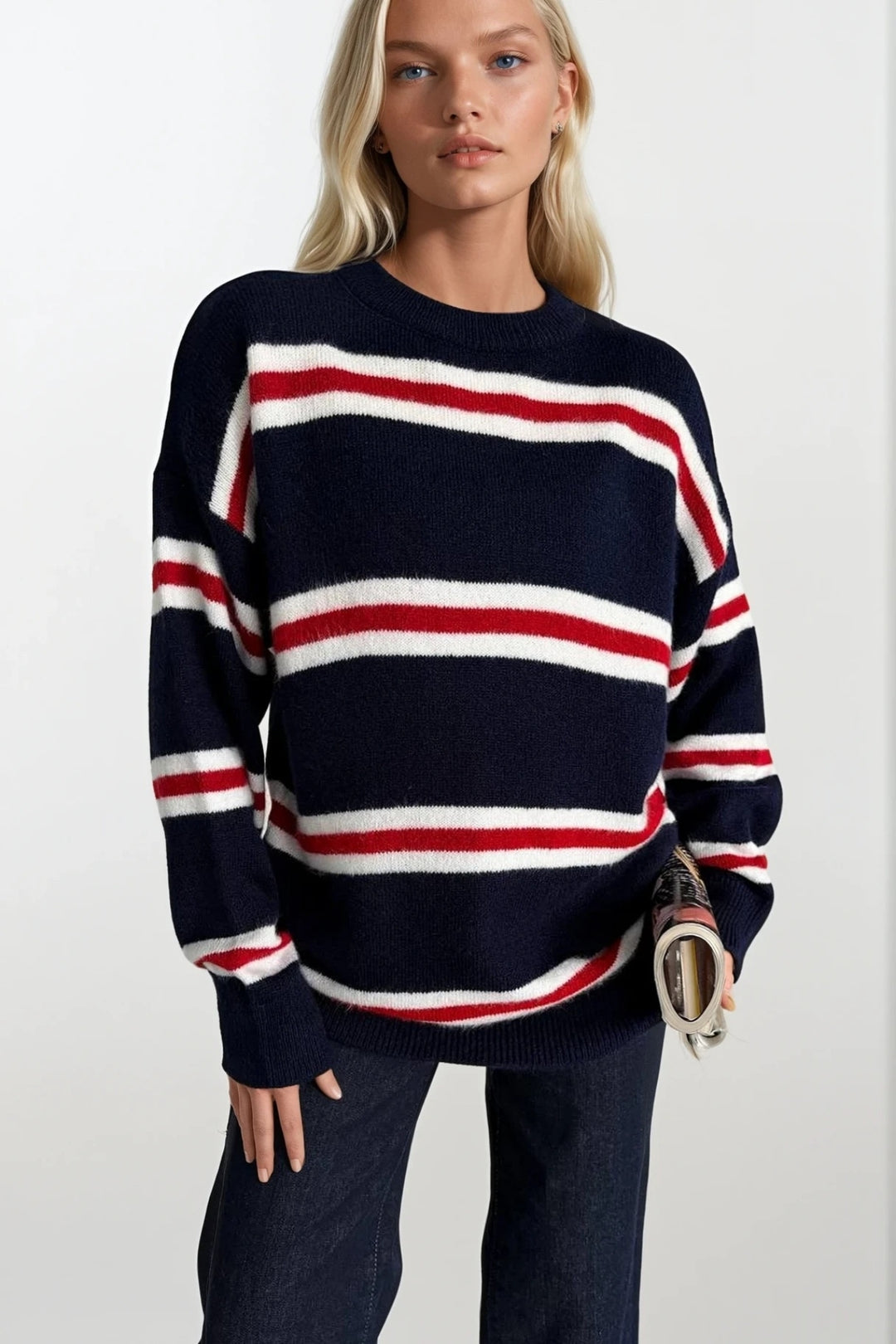 Bisiklet Yaka Çizgili Lacivert Triko Kazak