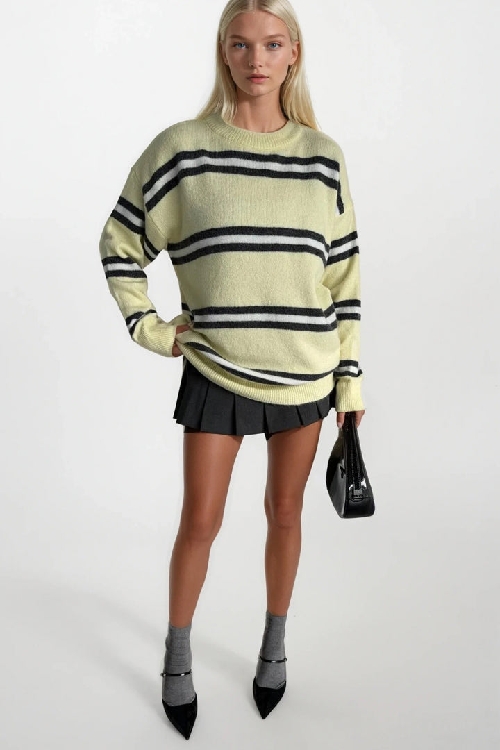 Bisiklet Yaka Çizgili Sarı Triko Kazak