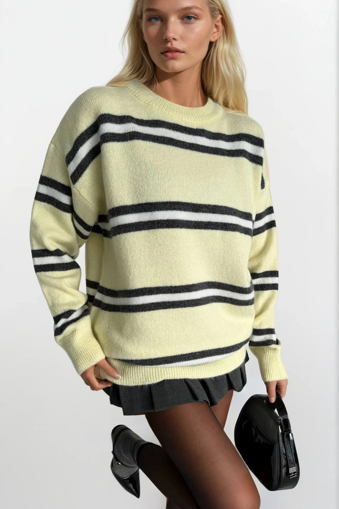 Bisiklet Yaka Çizgili Sarı Triko Kazak