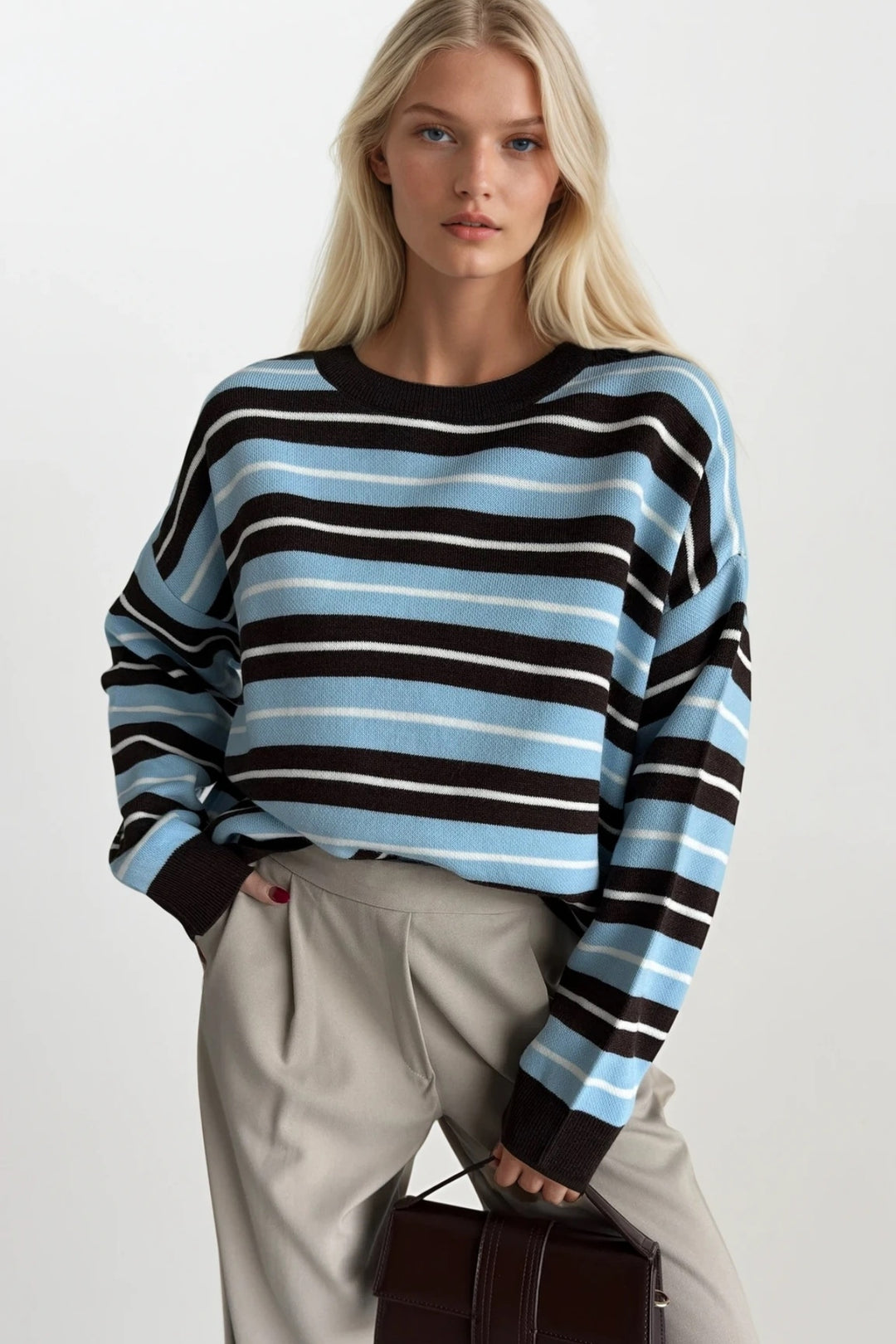 Bisiklet Yaka Çizgili Triko Mavi Bluz
