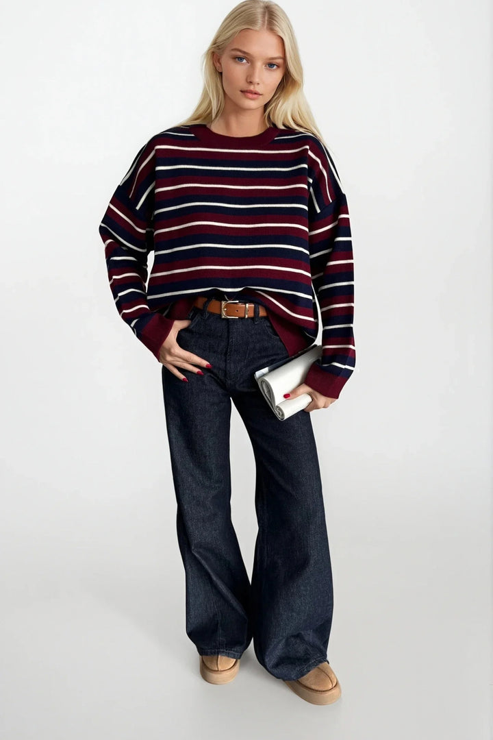 Bisiklet Yaka Çizgili Triko Bordo Bluz
