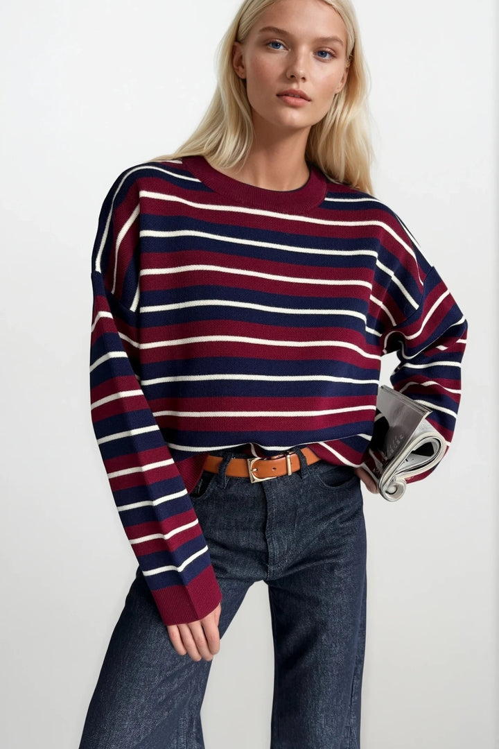 Bisiklet Yaka Çizgili Triko Bordo Bluz