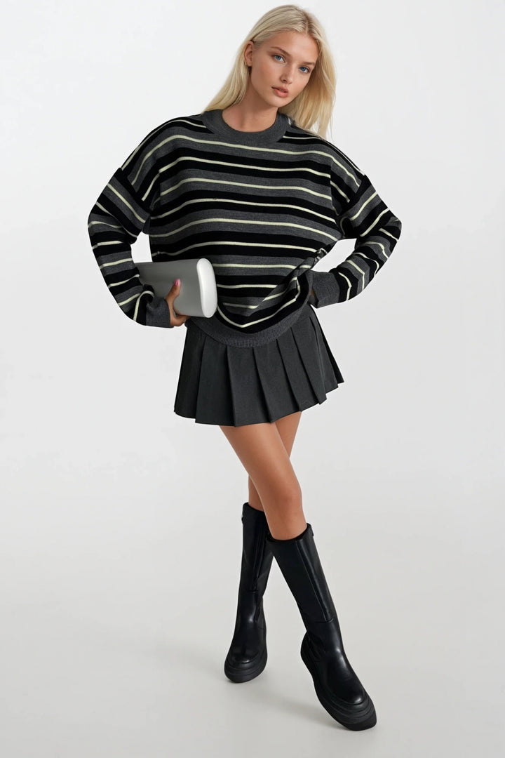 Bisiklet Yaka Çizgili Triko Antrasit Bluz