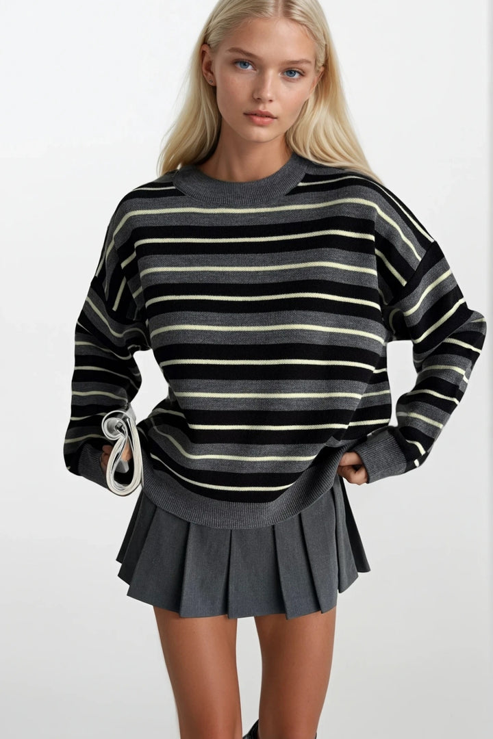 Bisiklet Yaka Çizgili Triko Antrasit Bluz
