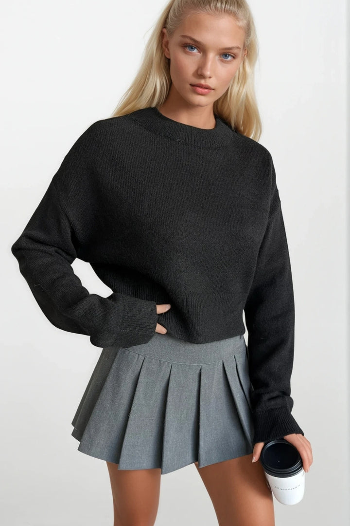 Bisiklet Yaka Crop Siyah Triko Kazak