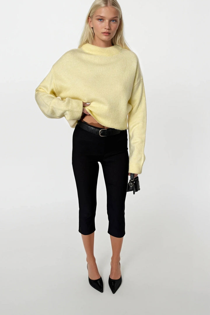 Bisiklet Yaka Crop Sarı Triko Kazak