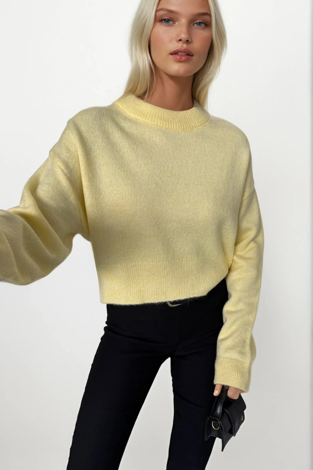 Bisiklet Yaka Crop Sarı Triko Kazak