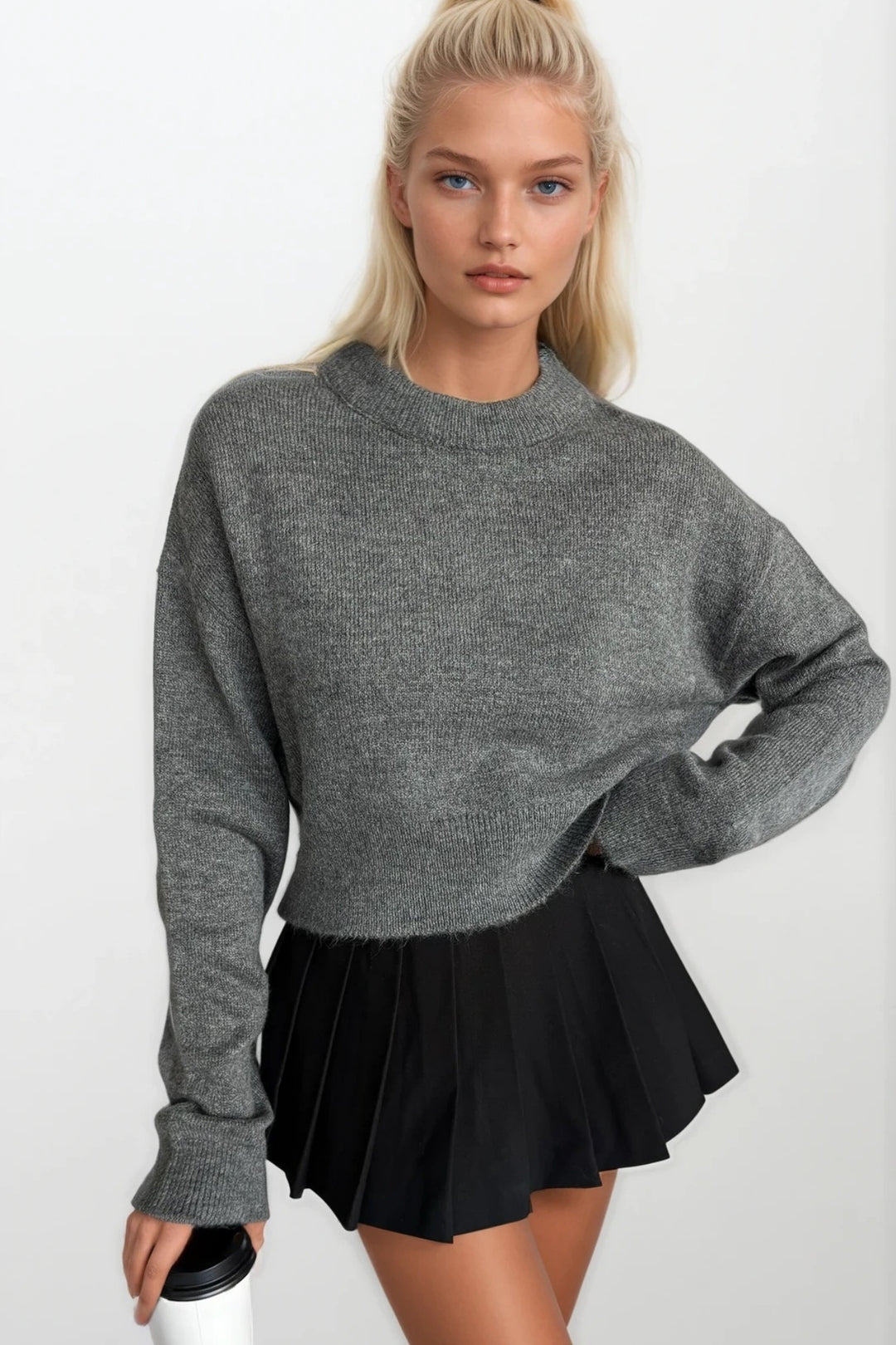 Bisiklet Yaka Crop Antrasit Triko Kazak