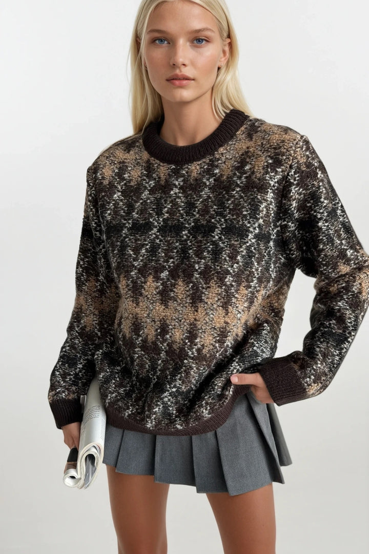 Bisiklet Yaka Kahverengi Desenli Triko Kazak