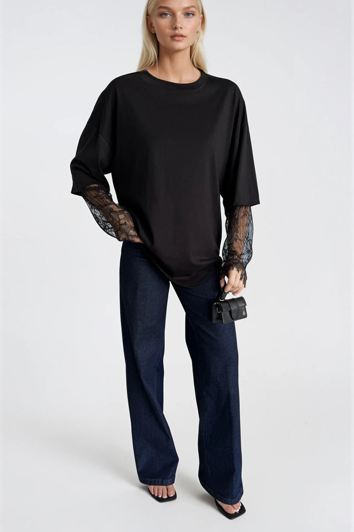 Bisiklet Yaka Kol Dantel Detay Siyah Oversize T-Shirt