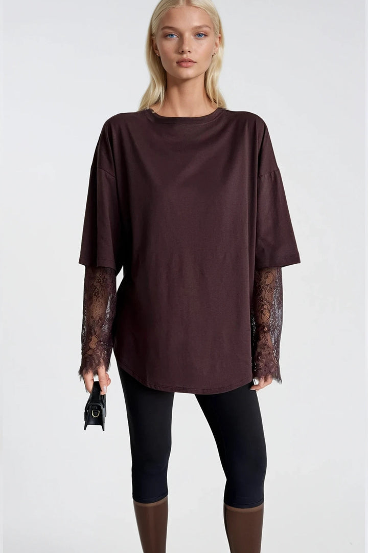 Bisiklet Yaka Kol Dantel Detay Kahverengi Oversize T-Shirt