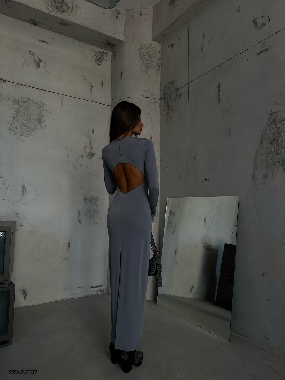 Bisiklet Yaka Gri Maxi Elbise