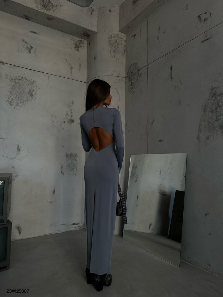 Bisiklet Yaka Gri Maxi Elbise