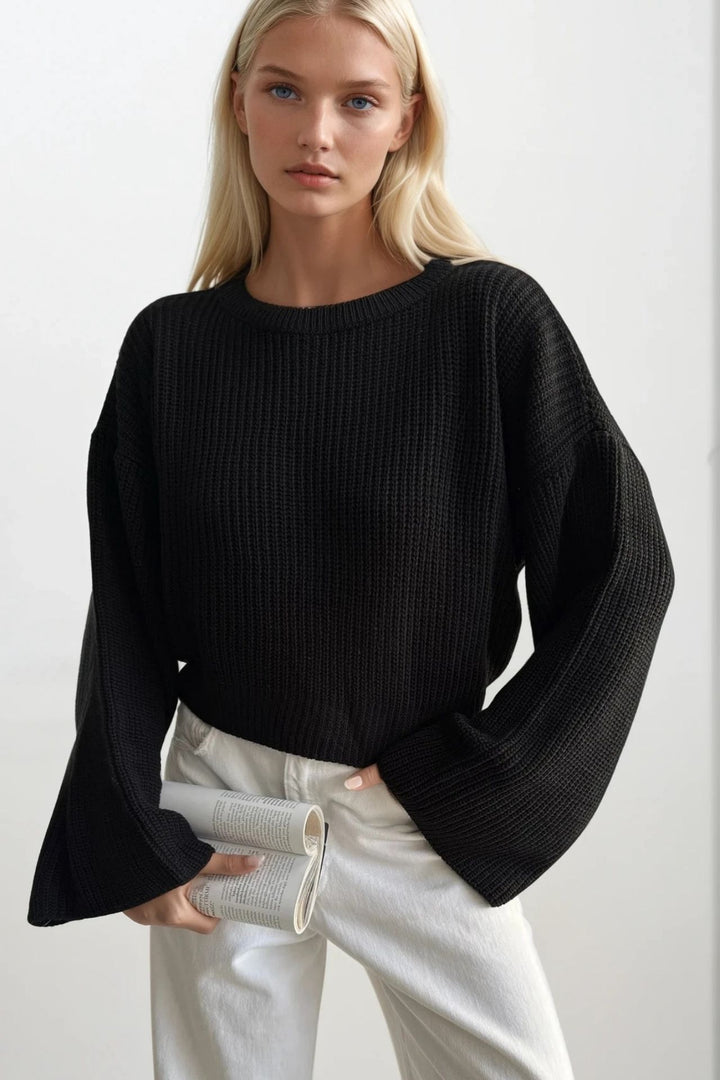 Bisiklet Yaka Örgü Detay Crop Triko Siyah Kazak