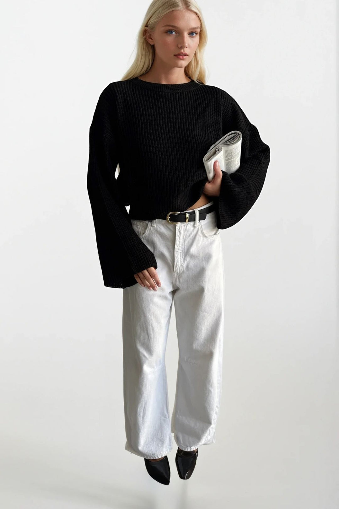 Bisiklet Yaka Örgü Detay Crop Triko Siyah Kazak