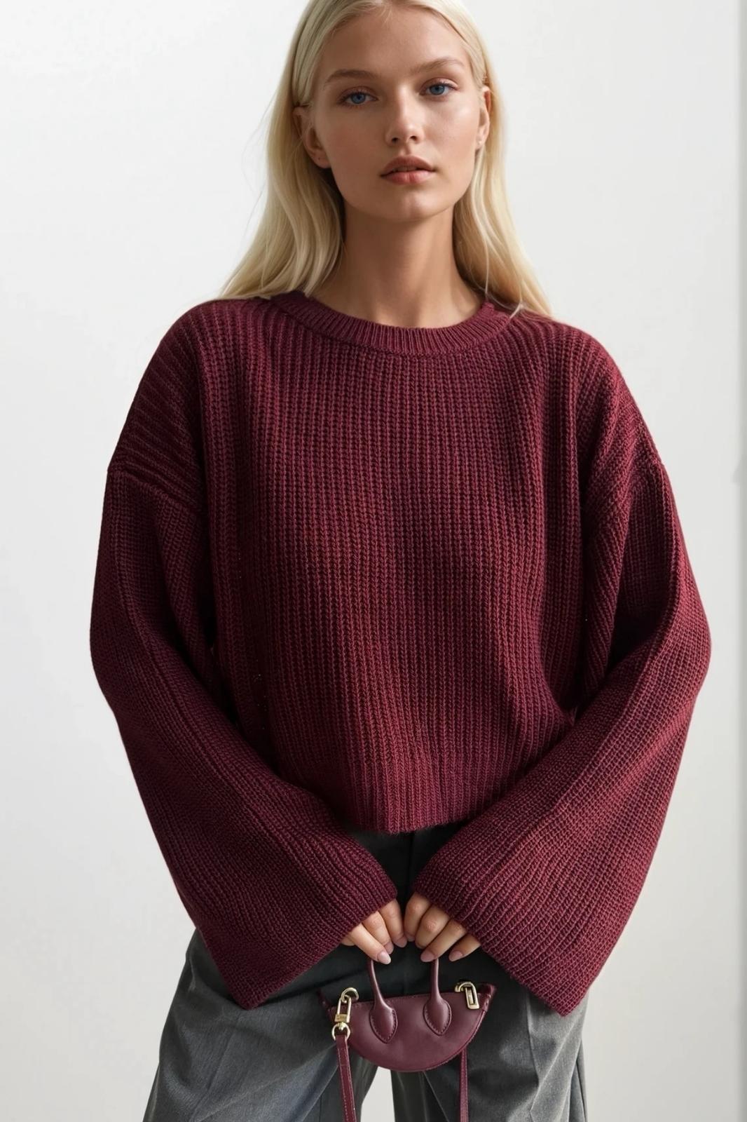 Bisiklet Yaka Örgü Detay Crop Triko Bordo Kazak