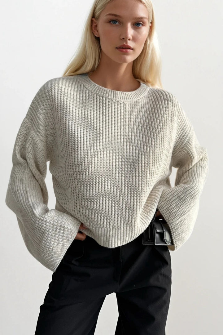 Bisiklet Yaka Örgü Detay Crop Triko Ekru Kazak