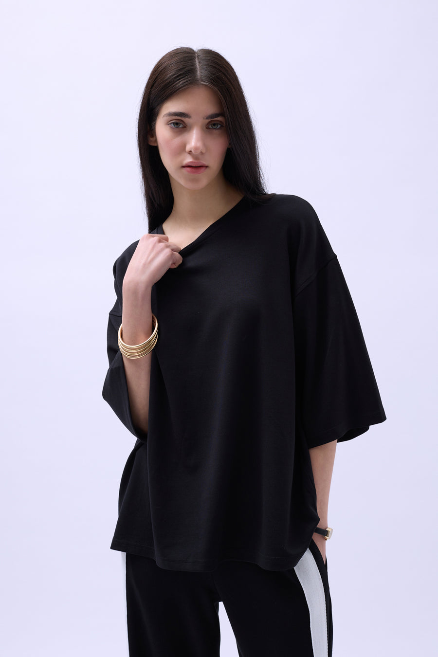 Bisiklet Yaka Oversize Siyah T-Shirt