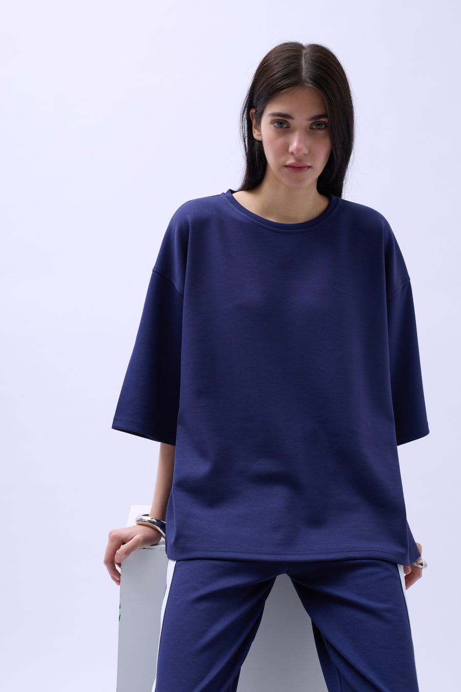 Bisiklet Yaka Oversize Lacivert T-Shirt