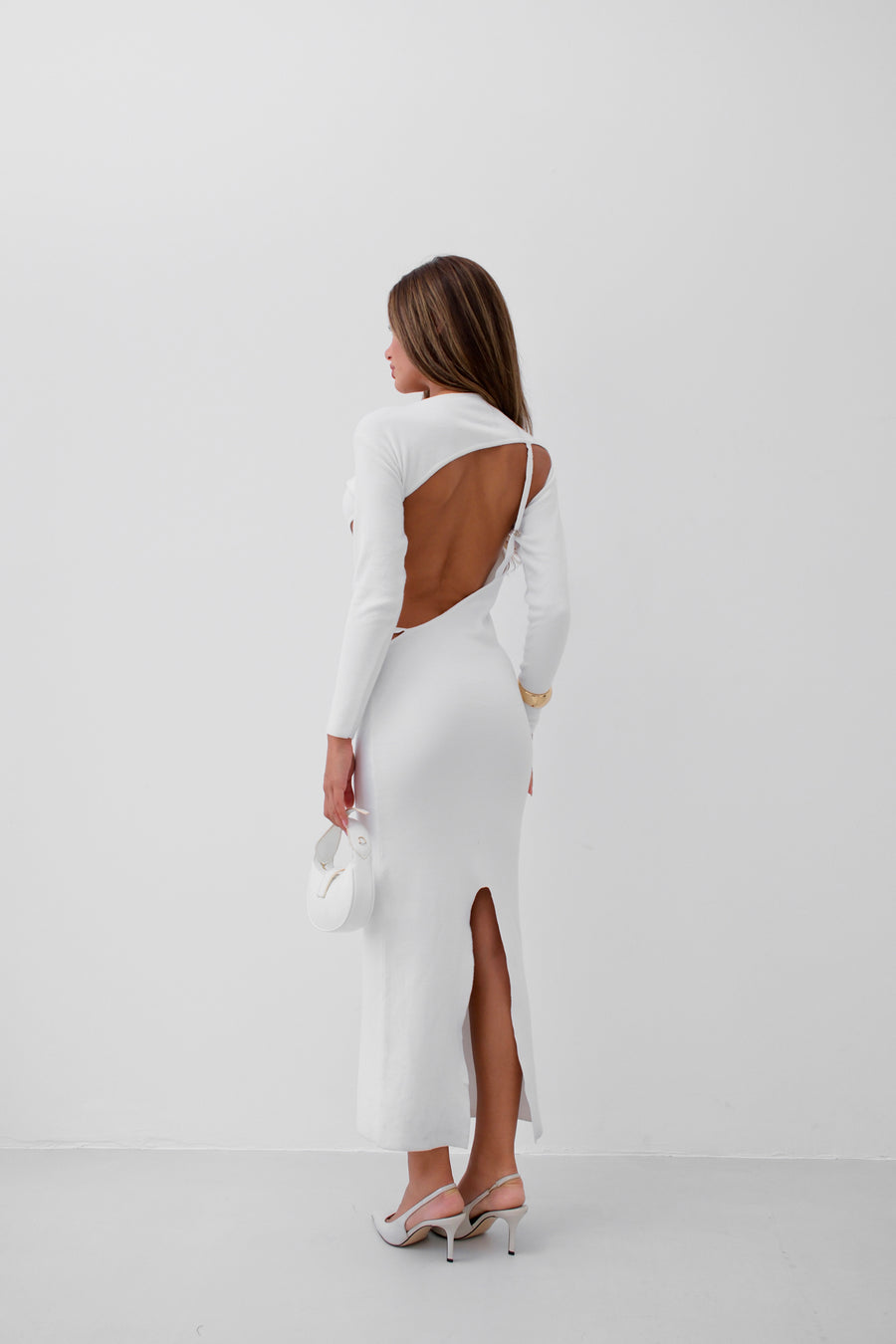 Crew Neck Backless White Dress 