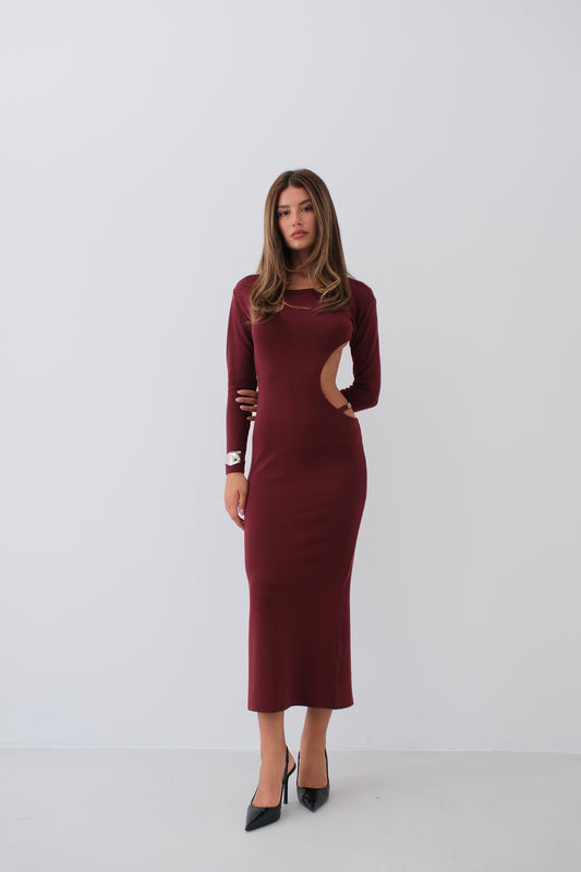 Crew Neck Backless Burgundy Dress 