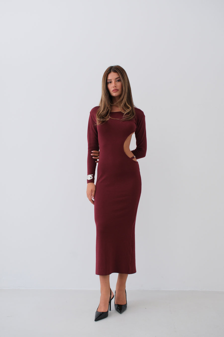 Crew Neck Backless Burgundy Dress 