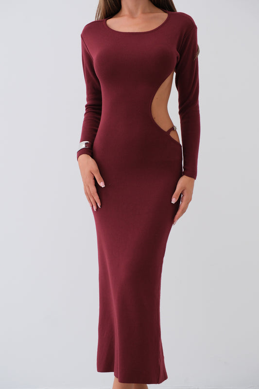 Crew Neck Backless Burgundy Dress 