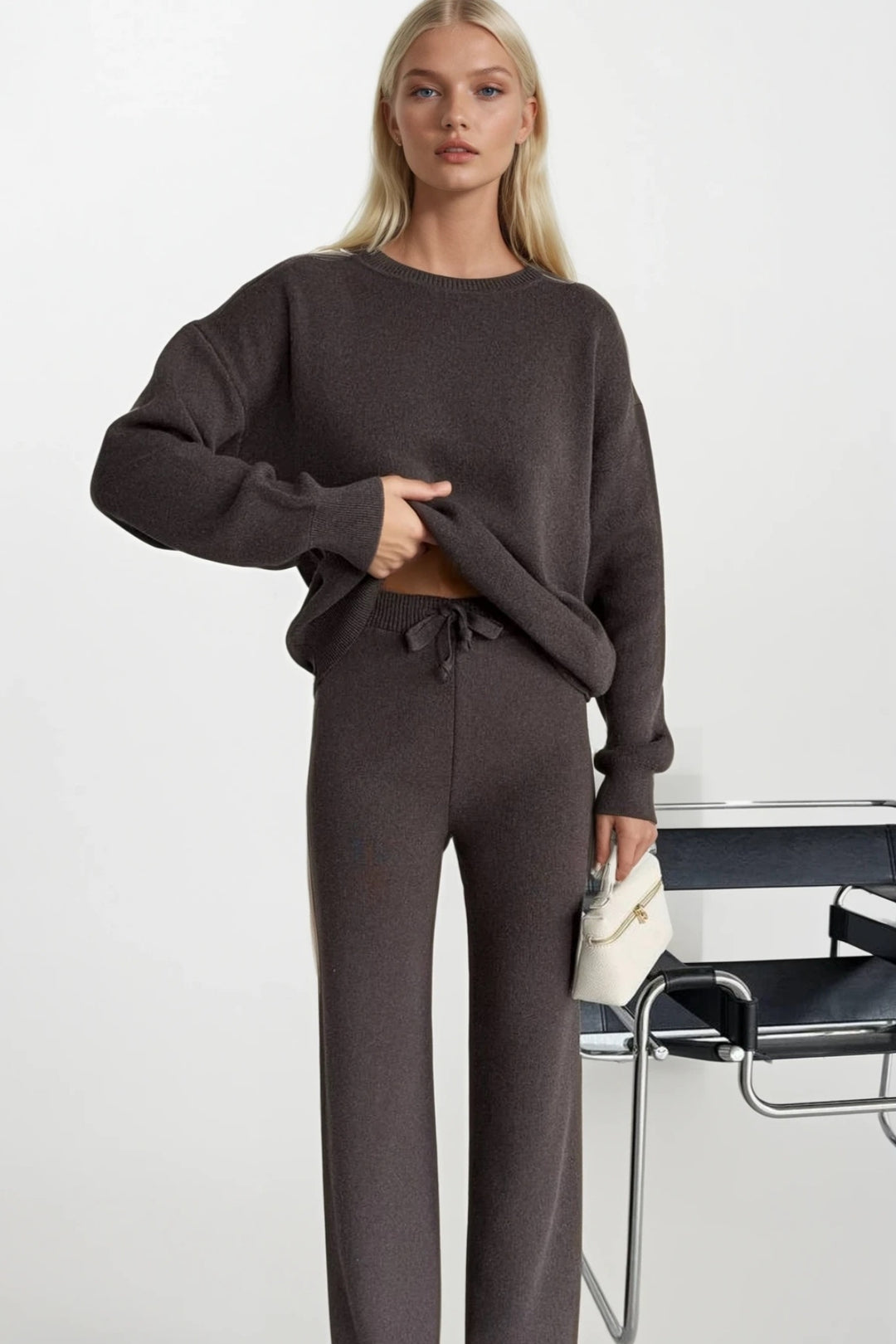 Bisiklet Yaka Kahverengi Triko Kazak Pantolon İkili Takım