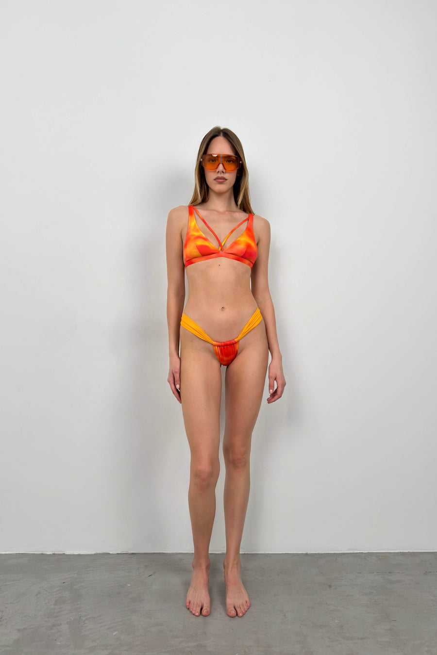 Piping Detail Pleated Orange Bikini Set 