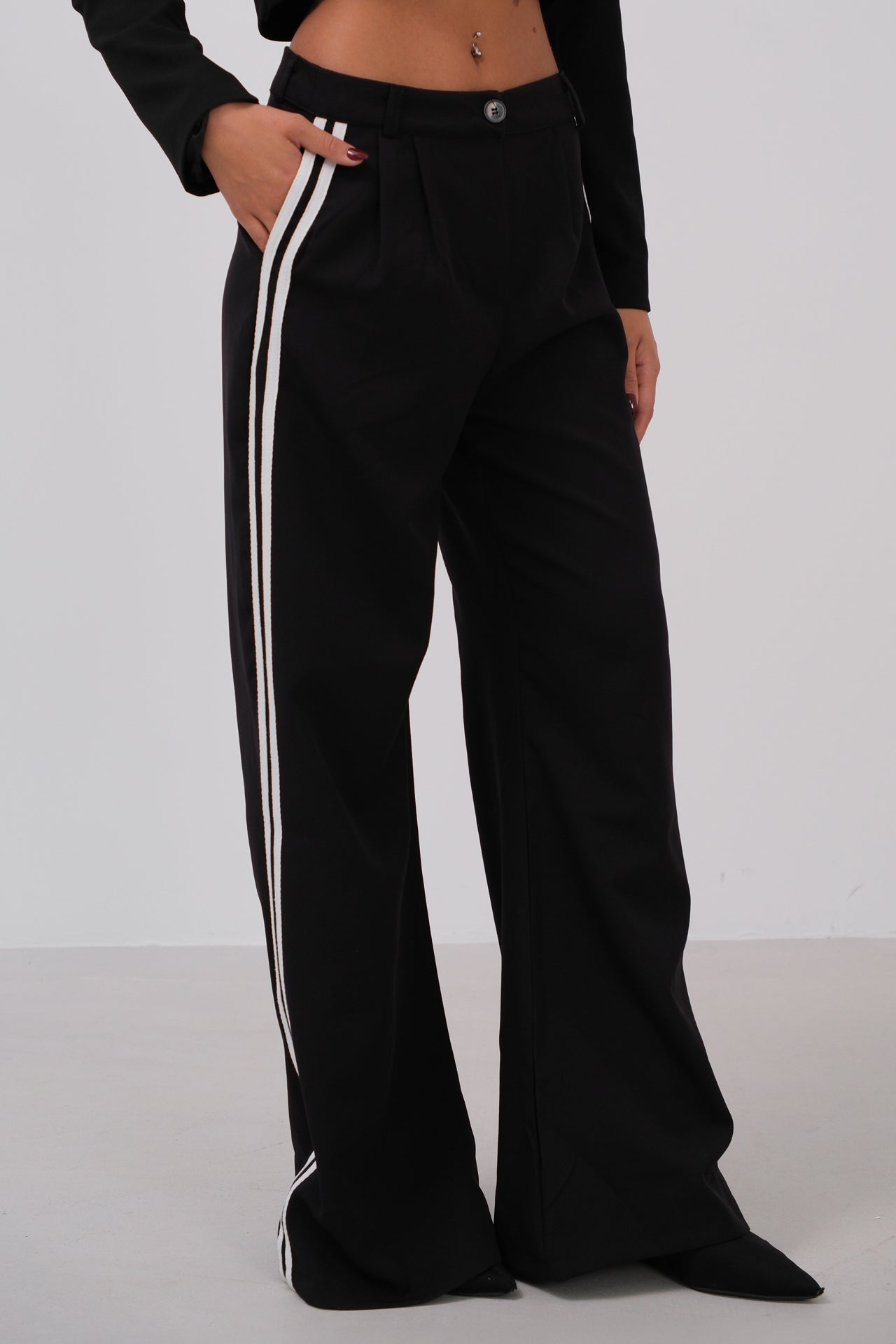 Piping Detail Low Waist Black Trousers 