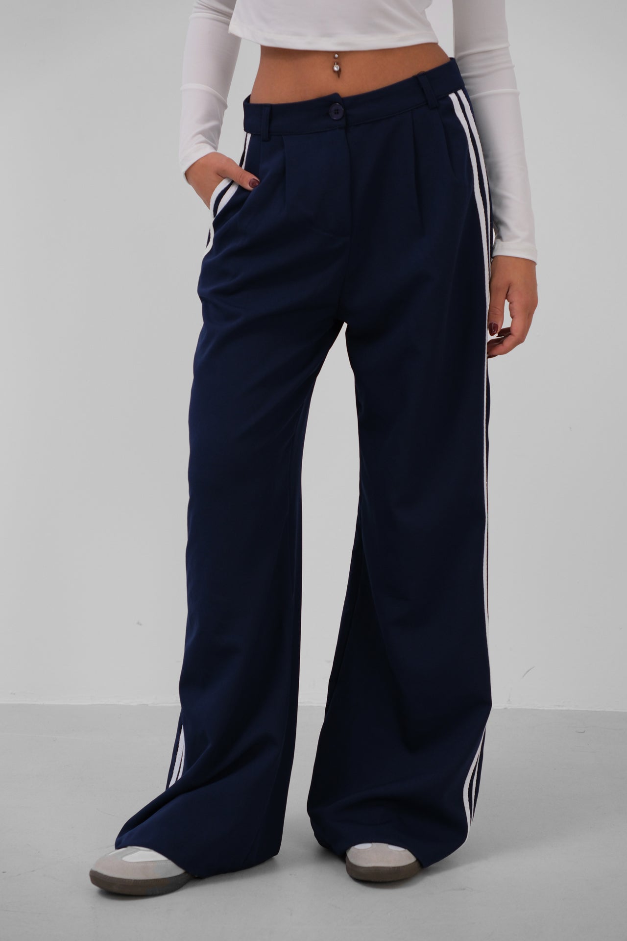 Piping Detail Low Waist Navy Blue Trousers 