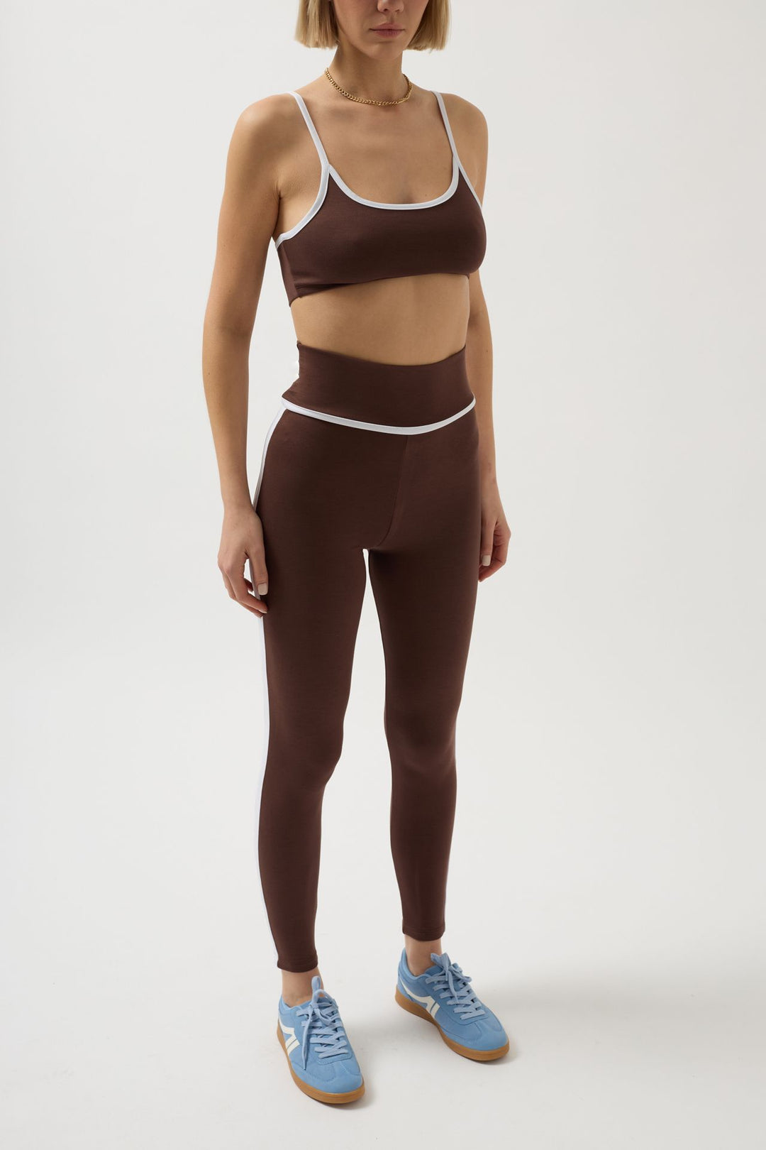High Waist Brown Leggings with Piping Detail 