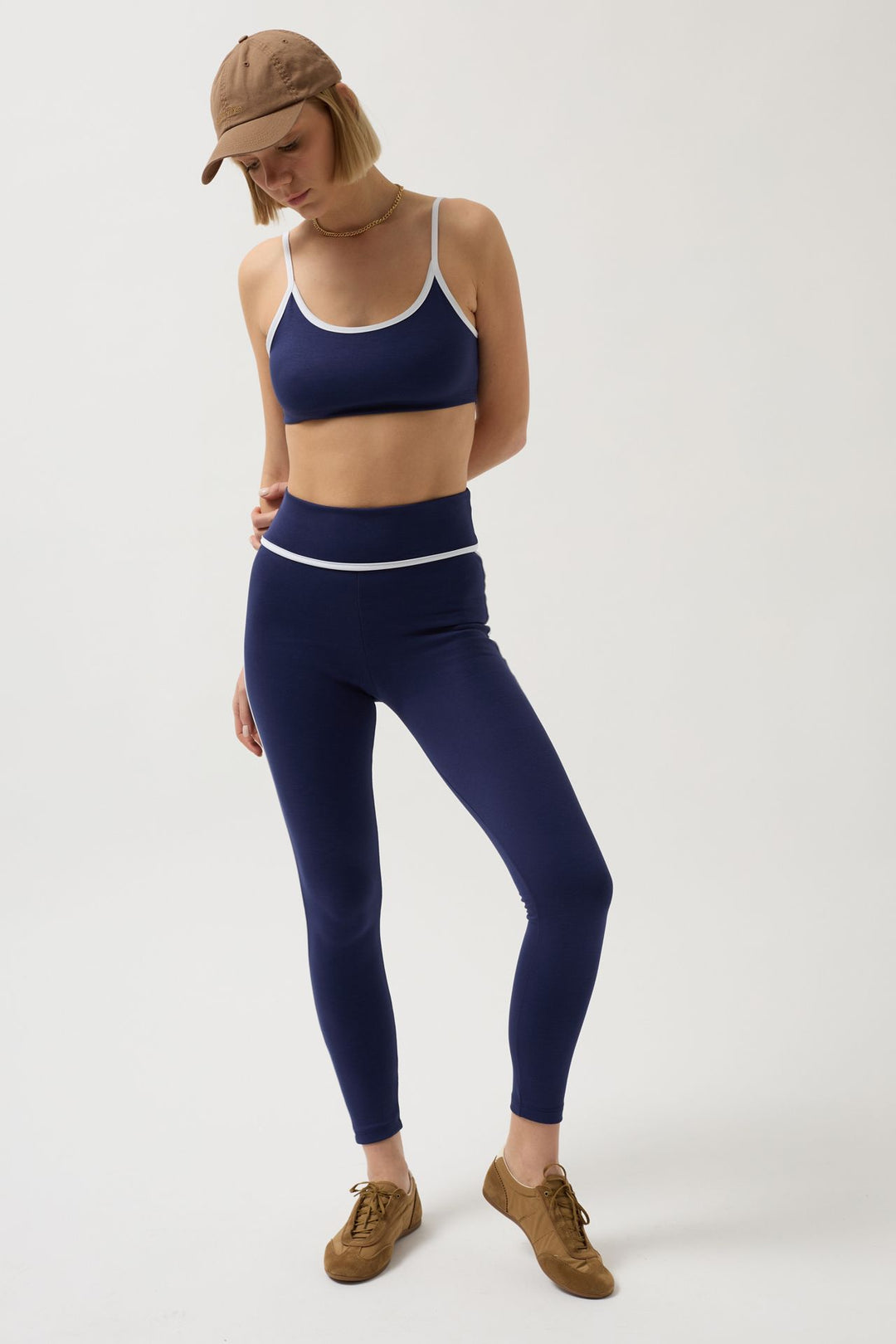 High Waist Navy Blue Leggings with Piping Detail 