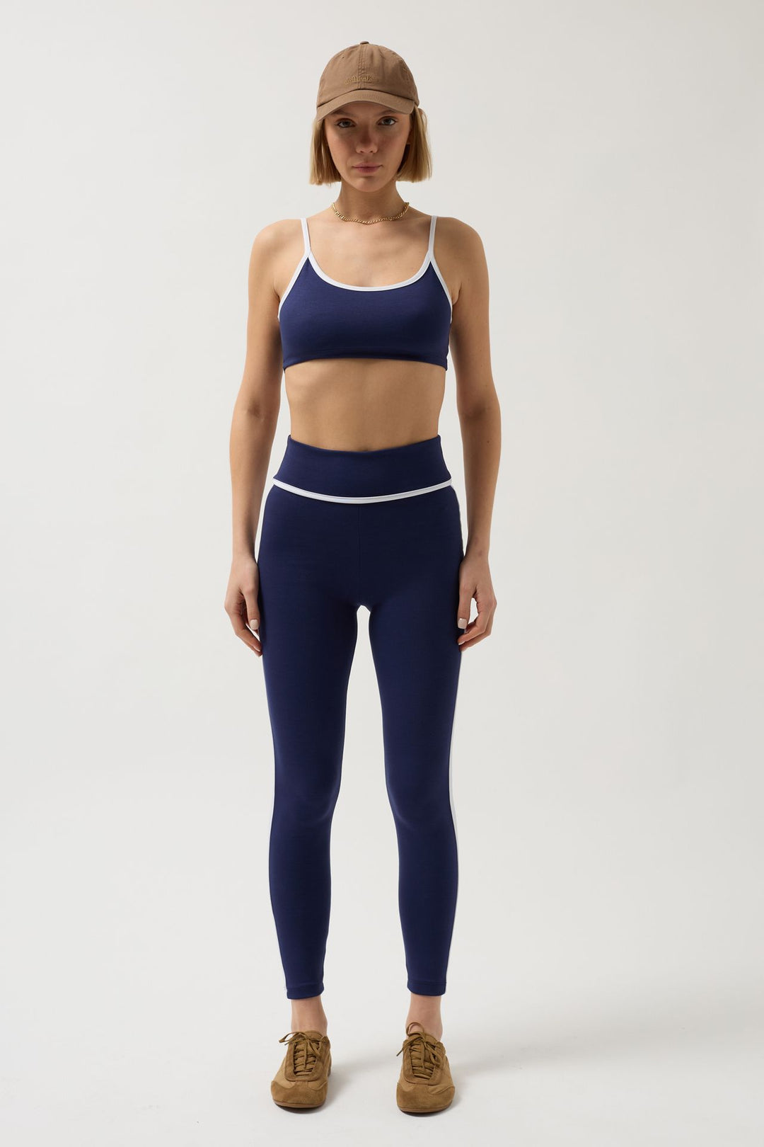 High Waist Navy Blue Leggings with Piping Detail 