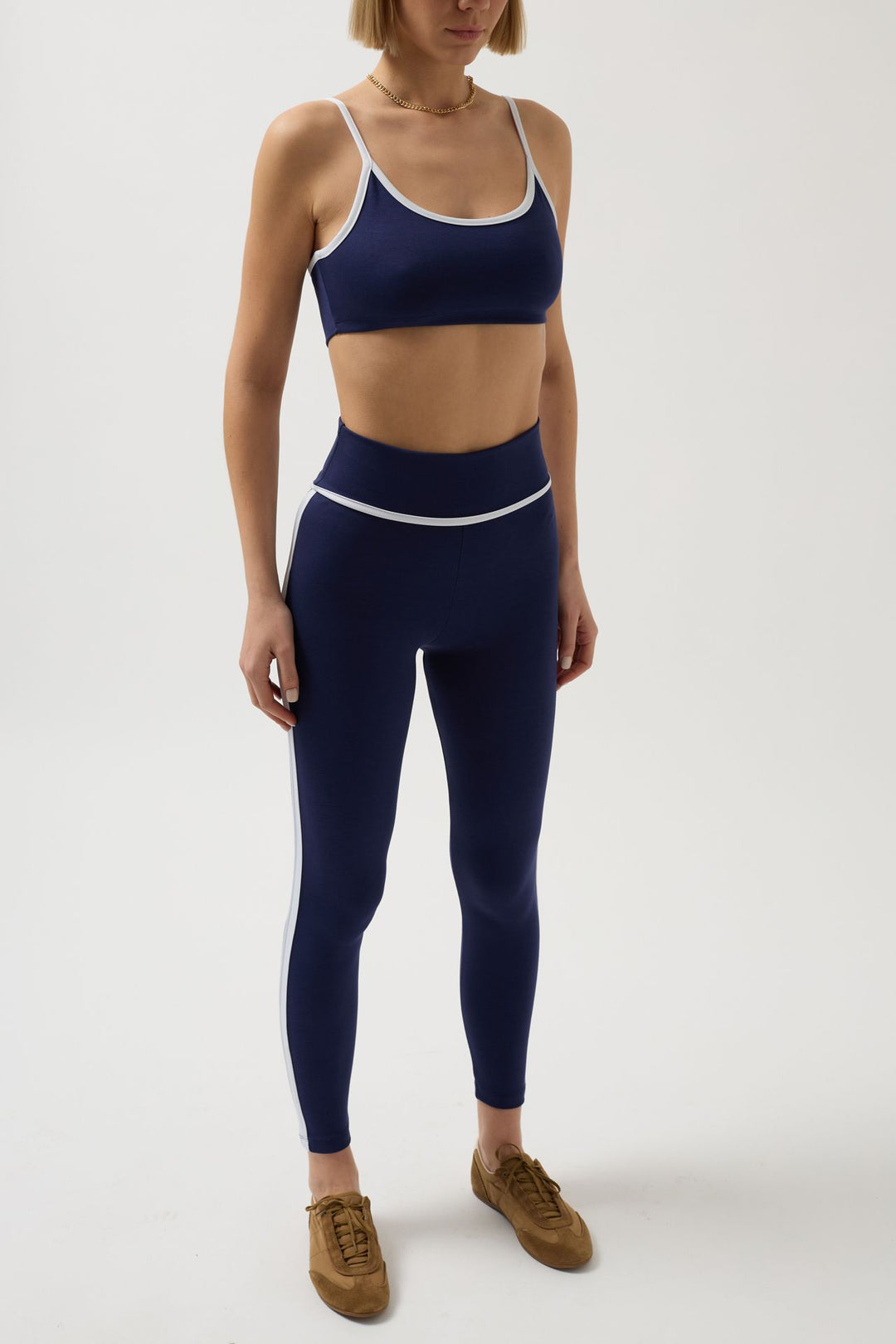 High Waist Navy Blue Leggings with Piping Detail 