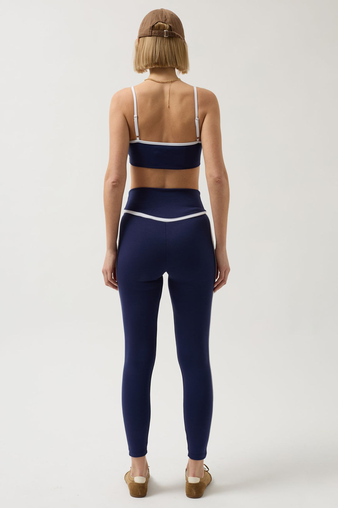 High Waist Navy Blue Leggings with Piping Detail 