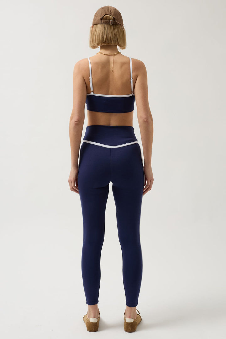 High Waist Navy Blue Leggings with Piping Detail 
