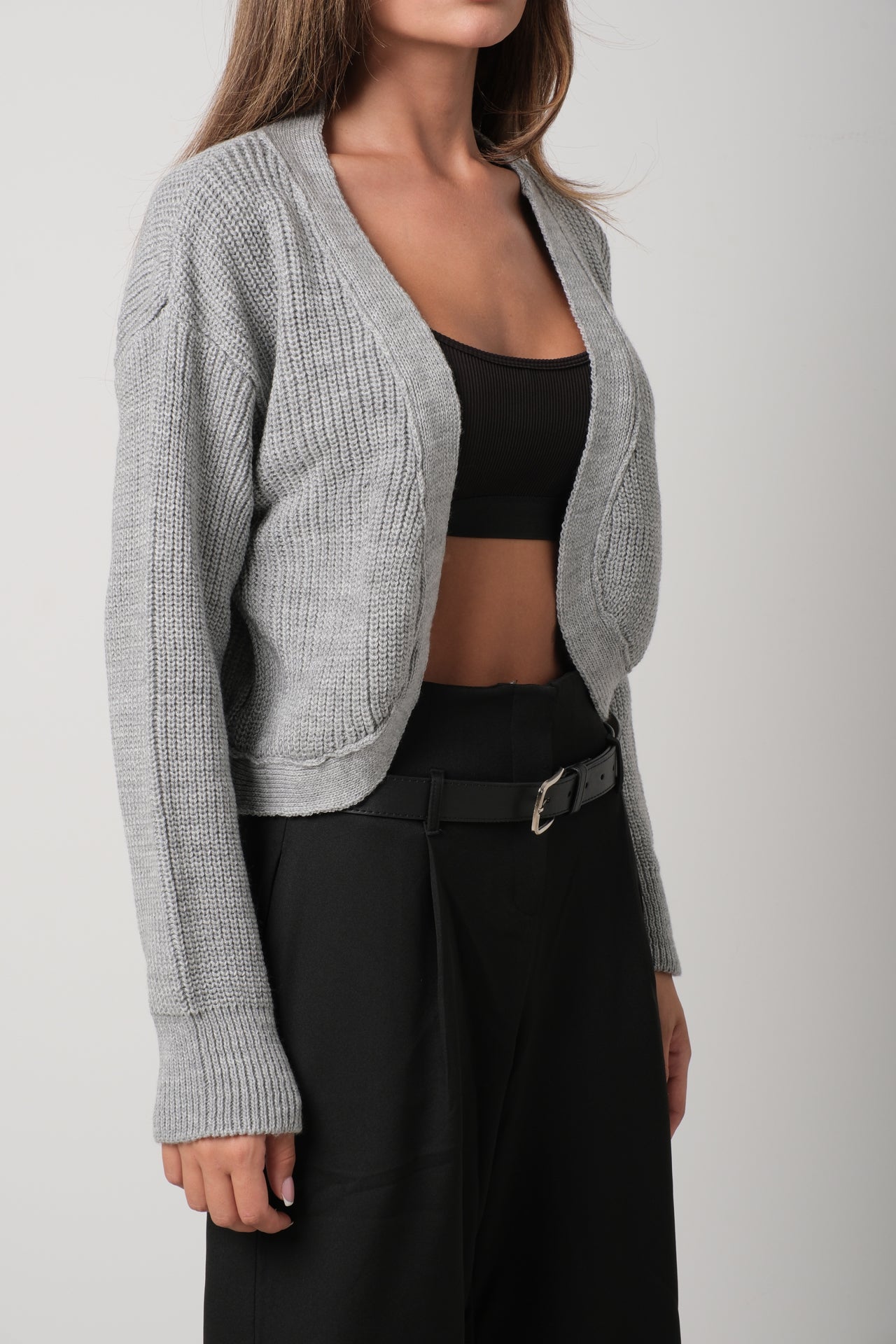 Crop Gray Knitted Cardigan with Piping 