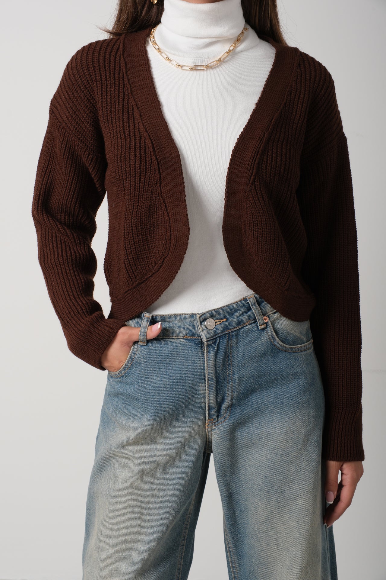 Crop Brown Knitted Cardigan with Piping 