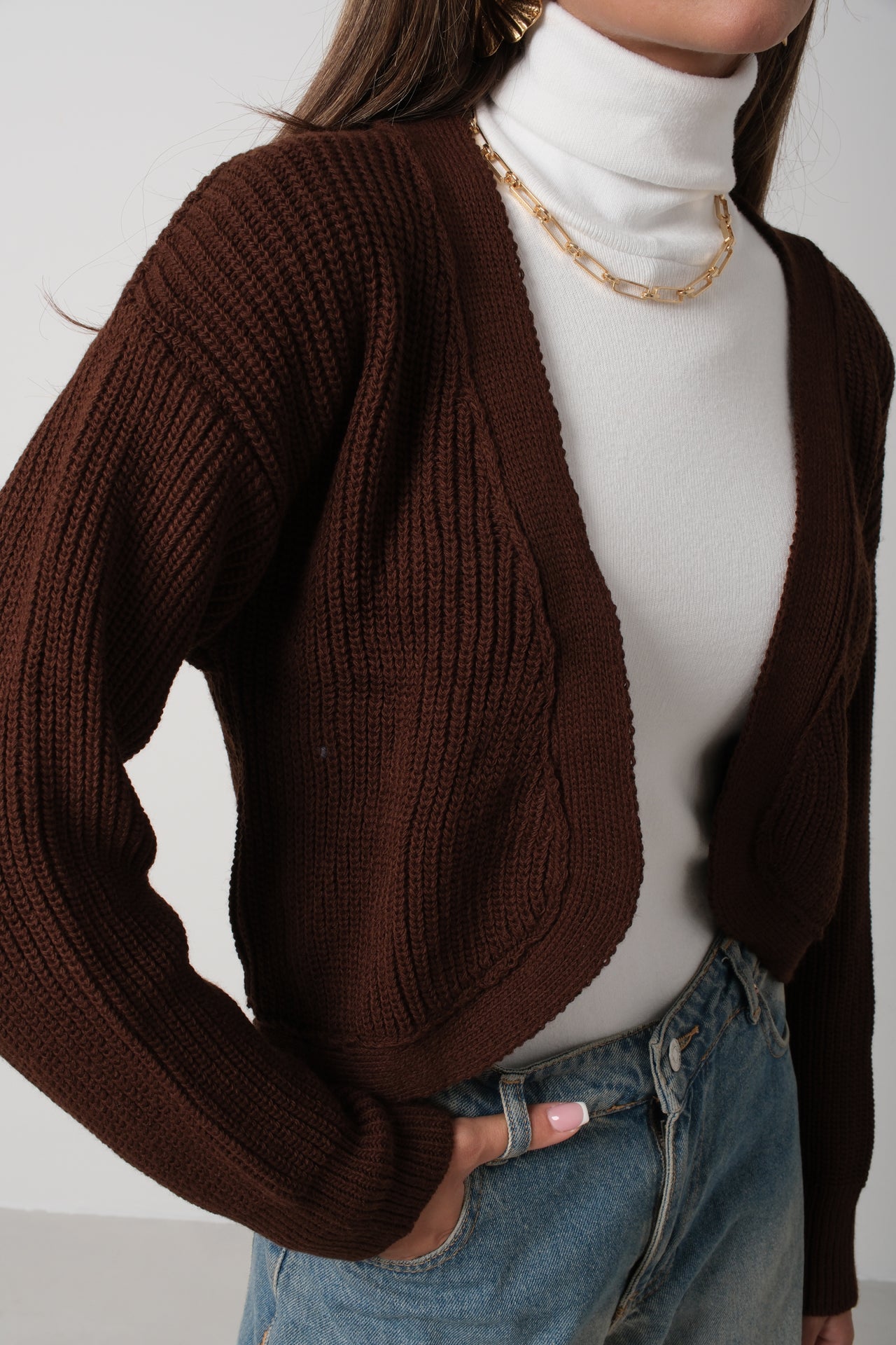 Crop Brown Knitted Cardigan with Piping 