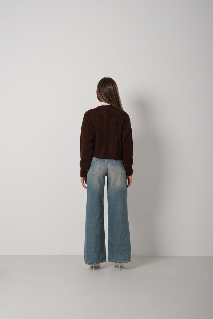 Crop Brown Knitted Cardigan with Piping 