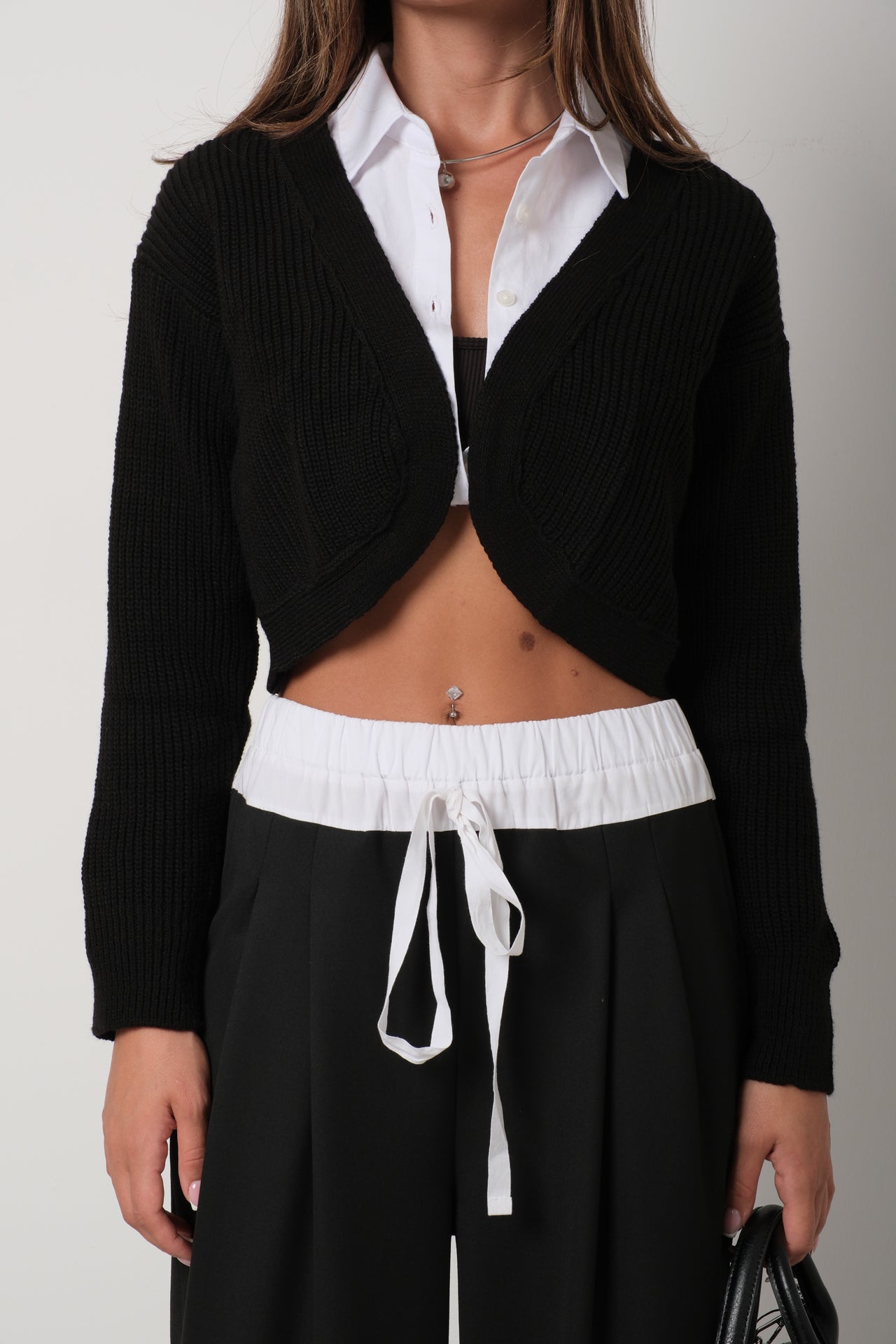 Crop Black Knitted Cardigan with Piping